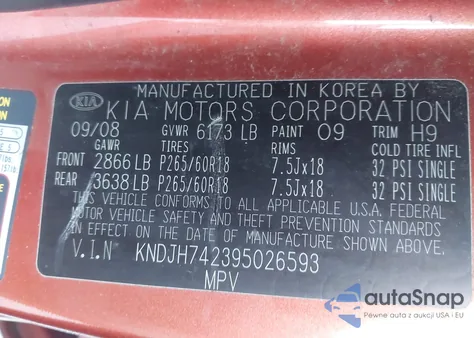 2009 Kia Borrego Ex V8 z USA, uszkodzony, nr VIN KNDJH742395026593